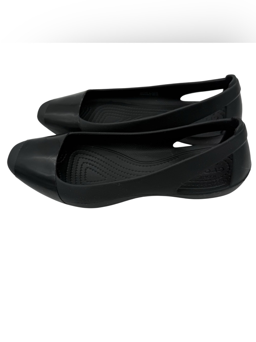 Crocs Sienna Shiny Flat Womens Size 7 Black Cap Toe Slip On 203301